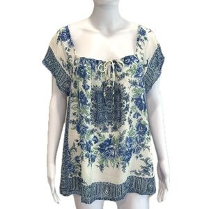 Joie 100% Silk Rose Floral Paisley Border Trim Peasant Top Size M Square Neck